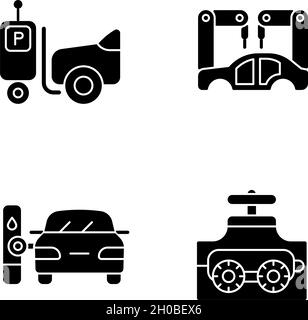 Automatisierung in der Automobilindustrie schwarze Glyphen-Symbole auf weißem Raum gesetzt Stock Vektor