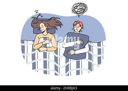 Schlaflose Angst Menschen in der Nacht. Vektor-Illustration von erwacktem Paar in der Nacht leiden an Schlaflosigkeit Problem Stock Vektor