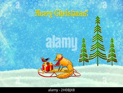 Weihnachten Hintergrund Fuchsschlitten mit Geschenken mit Schneeflocken, Licht. Frohe Weihnachtskarte. Stockfoto