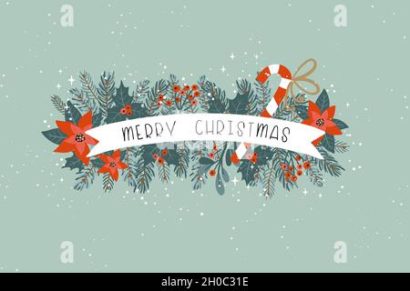 Niedliches handgezeichnetes und geschriebenes Weihnachtsdesign, schöne florale Elemente, Weihnachtssterne, Stechpalme und Zweige, ideal für Einladungen, Banner, Tapeten Stock Vektor