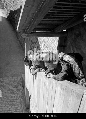 Drei Hitlerjungen kommen auf einer Wandertour durch Deutschland, 1930er Jahre. Drei Hitler Jugend Wanderschaft durch Deutschland, 1930er Jahre. Stockfoto