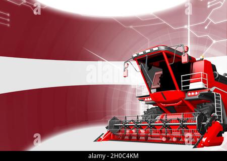 Landwirtschaftliche Innovation Konzept, Red Advanced Farm Mähdrescher auf Lettland Flagge - digitale industrielle 3D-Illustration Stockfoto