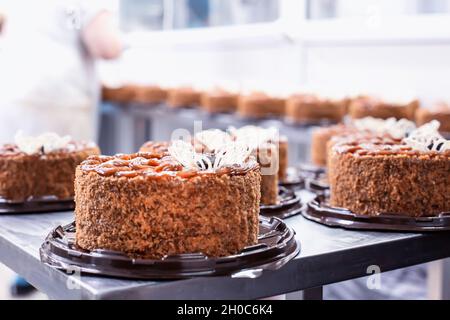 Eine Menge Schokolade Schwamm Kuchen mit Kondensmilch und Pflaumen in der Süßwarenindustrie, machen. Lebensmittelindustrie, Torte, Ingredient Stockfoto