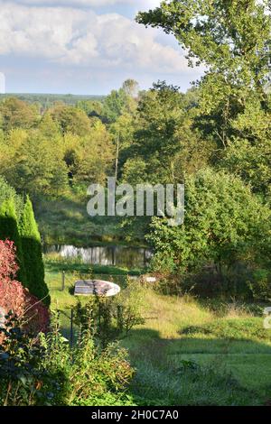 Ein Boot fuhr an einem sonnigen, sonnigen Tag in einem dichten Wald von einem Hügel aus auf ein grasbewachsenes Ufer. Stockfoto