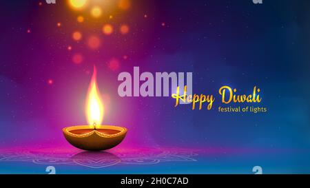 Glückliche diwali Vektor-Illustration. Festliche diwali-Karte. Designvorlage mit Lampe, goldenen Lichtern, buntem Hintergrund. Blauer magentafarbener Hintergrund, Mandala Stock Vektor