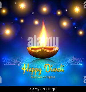 Glückliche diwali Vektor-Illustration. Festliche diwali-Karte. Designvorlage mit Lampe, goldenen Lichtern, buntem Hintergrund. Blauer Hintergrund, Mandala. Vektor Stock Vektor