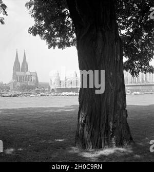 Blick von Deutz auf das Panorama von Köln, 1930er Jahre. Blick von Deutz auf die Kölner Skyline, 1930er Jahre. Stockfoto