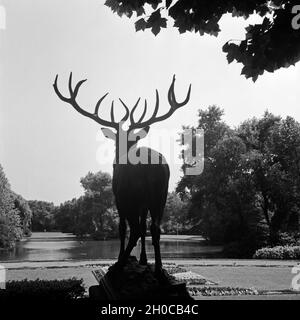 Hirschskulptur im Stadtgarten von Gelsenkirchen, Deutschland 1930er Jahre. Hirsch Skulptur in Gelsenkirchen Stadtgarten, Deutschland 1930. Stockfoto