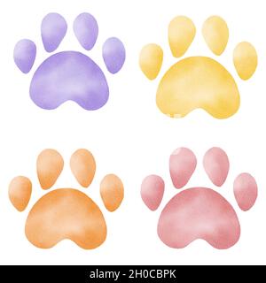 Paw druckt Aquarell-Cliparts. Handbemalte Hund oder Katze Fußabdrücke Illustration für Aufkleber, Stoffe, Tapete, Kinderzimmer Dekor. Stockfoto