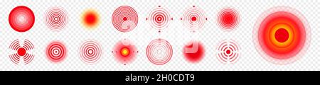 Schmerzlokalisierung. Schmerzhafter Bereich, schmerzende Stelle. Rote Kreise, Ziele. Kopfschmerzen, gequetschter Körperteilmarker. Symbol für Rücken-, Nacken- und Muskelschmerzen Stock Vektor