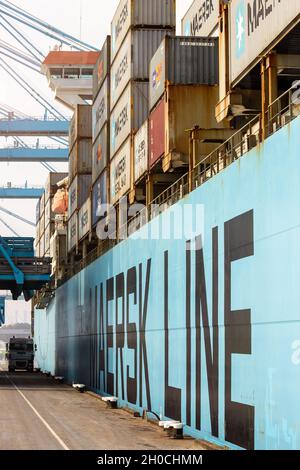 Maersk Line Containerschiff dockte im Hafen von Rotterdam, Niederlande, 6. September 2013. Stockfoto