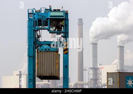 Straddle Carrier Umzug eines Maersk Container in der Reederei Terminal des Hafens von Rotterdam, Niederlande, 6. September 2013. Stockfoto