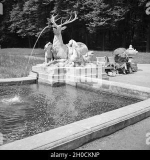 Brunnen mit Hirschskulptur im Park vom Schloss Schwetzingen, Deutschland 1930er Jahre. Brunnen mit Rotwild Skulptur in den Gärten von Schloss Schwetzingen, Deutschland 1930. Stockfoto