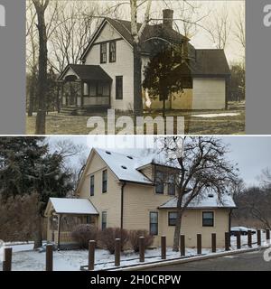 Fort Riley Friday 29. Jan 2021 507 Holbrook Ave This #FortRileyFriday setzen wir unseren Blick auf Einrichtungen fort, die um das Hauptquartier der Garnison, Gebäude 500, gebaut wurden. Dieser Bereich der Post ist historisch bekannt als das Krankenhaus/Post Hauptquartier District. Quarters 507 Holbrook Avenue wurde 1891, zwei Jahre nach der Fertigstellung des ursprünglichen Nordflügels von Gebäude 500, erbaut. Es wurde als „Hospital Stewards Quarters“ bezeichnet und wurde mit Holzwänden und -Böden, einem Steinfundament und einem Holzschindeldach gebaut. Die Residenz wurde mit Holzofen beheizt. Nach #FortRiley Directora Stockfoto