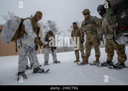 U.S. Marines mit der 1st Air Naval Gunfire Liaison Company (ANGLICO), I Marine Expeditionary Force Information Group, Und der US-Nationalgarde mit dem 1. Bataillon, dem 182. Field Artillery Regiment, Delta Battery, führt während des Nahluftunterstützungs-Integrationstrainings für die Übung Northern Strike einen Missionsauftrag durch, während er am 26. Januar 2021 in Camp Grayling, Grayling, Michigan, war. Die Fähigkeit von ANGLICO, sich mit gemeinsamen, alliierten und Koalitionskräften in den Kampf um die Informationsumgebung zu integrieren, verbessert die Fähigkeit des Kommandanten, in einem komplexen und stark umkämpften Einsatzkommandos zu manövrieren Stockfoto