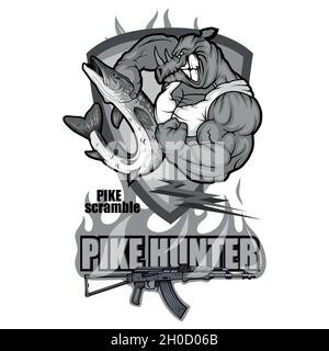 Pike-Bild. Fishing Pike Tournament. Logo des Pike-Wettbewerbs. Fischungeheuer. Skizze für Maskottchen, Logo oder Symbol. Sportanglerklub. Vektorgrafiken zu de Stock Vektor