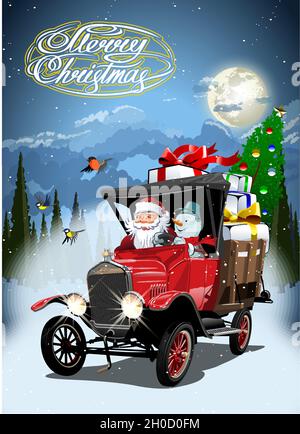 Vektor-Weihnachtskarte mit Cartoon Retro Weihnachten Lieferwagen, Santa, Schneemann und weihnachten Schriftzug. Stock Vektor