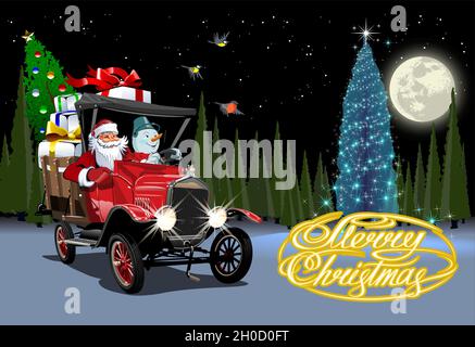 Vektor-Weihnachtskarte mit Cartoon Retro Weihnachten Lieferwagen, Santa, Schneemann und weihnachten Schriftzug. Stock Vektor