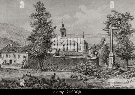 Geschichte Spaniens. Rascafría. Außenansicht der Kartause von El Paular. Provinz Madrid. Zeichnung aus dem Leben von J. Riudavets. Stich von E. Alba. La Ilustración Española y Americana, 1878. Stockfoto