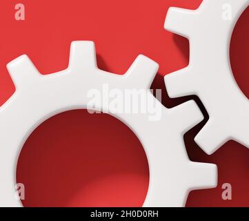 Nahaufnahme von zwei weißen Verbindungszahnrädern auf rotem Hintergrund isoliert; Detail der Zahnradzähne; flache Lage, Draufsicht; 3D-Rendering, 3D-Illustration Stockfoto