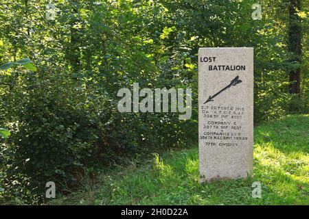 Die Markierung des verlorenen Bataillons, an der die 77. Division im Oktober 1918 im Argonne-Wald in der Nähe von Binarville (Marne), Frankreich, isoliert wurde Stockfoto