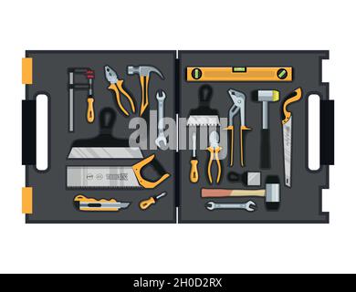 Werkzeugkasten mit Handwerkzeugen innen. Arbeitsbox mit Instrumenten. Bauwerkzeuge. Instrumente für die Renovierung. Arbeitswerkzeuge. Vektorgrafiken zu entwerfen. Stock Vektor