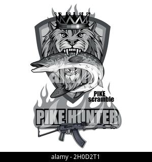 Pike-Bild. Fishing Pike Tournament. Logo des Pike-Wettbewerbs. Fischungeheuer. Skizze für Maskottchen, Logo oder Symbol. Sportanglerklub. Vektorgrafiken zu de Stock Vektor