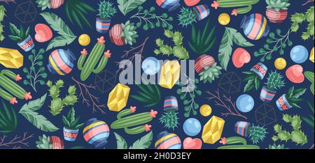 Nahtloses Muster mit Kakteen und Sukkulenten. Dekorative stachelige blühende Kakteen und Pflanzen in Blumentöpfen. Stock Vektor