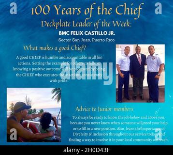 SAN JUAN, Puerto Rico - der Chief Petty Officer Felix Castillo, Jr., ein im US-Küstenwachensektor San Juan stationierter Bootsmann, ist in der Woche vom 5. Februar 2021 der Chef der Woche der Küstenwache. Stockfoto