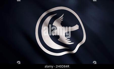 Abstraktes Entwicklungsgewebe der Flagge. Animation. Zeichnung der weißen Silhouette eines im Kreis fliegenden Vogels auf dem Hintergrund der blauen Flagge. Emblem des Hauses Arryn. Stockfoto