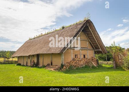 Keltisches Haus mit Strohdach im keltischen Freilichtmuseum in Nasavrky, Tschechien Stockfoto