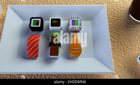 Exotische Meeresfrüchte in 3d-Rendering von appetitlichen Snacks. Traditionelle japanische Küche mit frischem Fisch und Reis mit pflanzlichen Gewürzen. Asiatische Sashimi mit Thunfisch und s Stockfoto