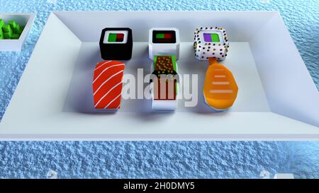 Exotische Meeresfrüchte in 3d-Rendering von appetitlichen Snacks. Traditionelle japanische Küche mit frischem Fisch und Reis mit pflanzlichen Gewürzen. Asiatische Sashimi mit Thunfisch und s Stockfoto