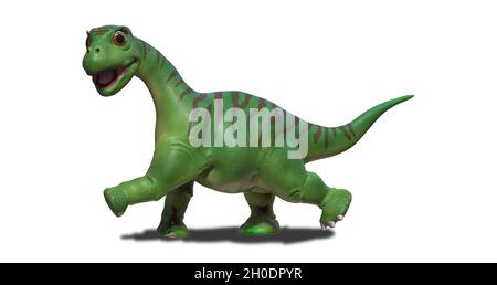 Kunstwerk eines Baby-Dinosauriers Diplodocus, Seitenansicht, Gehen mit angehobenem vorderen und hinteren Bein. Stockfoto