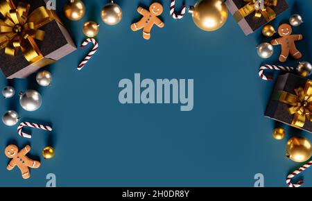 weihnachtshintergrund mit Lebkuchenmännern, Geschenken, Bonbons und goldenen Kugeln. Platz für Text. 3d-Rendering Stockfoto