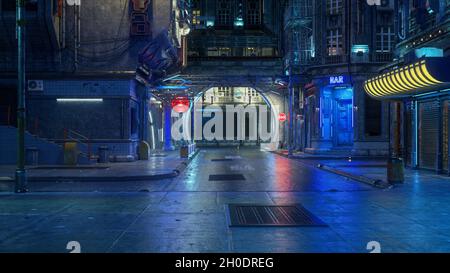 3D-Rendering einer breiten, nassen Abendszene in einer Innenstadtstraße einer futuristischen Cyberpunk-Stadt. Stockfoto