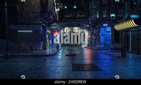 3D-Darstellung einer Straße in der Innenstadt in einer futuristischen Cyberpunk-Stadt bei Nacht mit fallendem Regen. Stockfoto