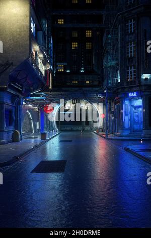 Dunkle und launische Stadtansicht in einer futuristischen Stadt bei Nacht, realistische 3D-Illustration im Hochformat mit Kopierraum. Stockfoto