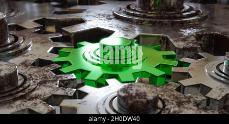 Green Engineering Zahnradmotor in Arbeitsmaschine 3d Rendering Illustration Stockfoto