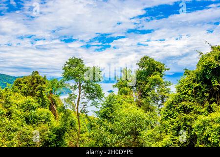 Die große tropische Insel Ilha Grande Abraao Strand und Wald Panorama Drohne von oben Angra dos Reis Rio de Janeiro Brasilien. Stockfoto