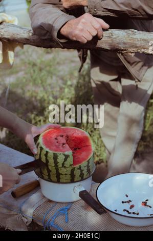 Hände, die eine große rote Wassermelone schneiden, steht ein älterer Mann in der Nähe Stockfoto