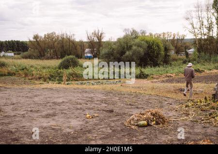 Ein älterer Mann in getragener Kleidung verlässt den Garten, mit Blick auf das Dorf im Grünen Stockfoto