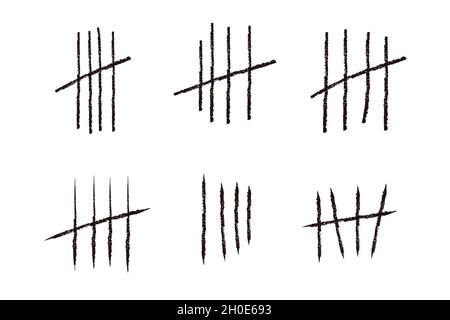 Legen Sie die Strichmarkierungen oder Striche fest, die von Hand isoliert auf weißem Hintergrund gezeichnet werden. Die Anzahl der Wartenden im Gefängnis an der Wand wird gezählt. Grunge-Hub. . Vektorgrafik Stock Vektor