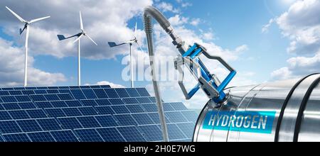 Wasserstoff-Tankstelle mit Sonnenkollektoren und Windturbinen im Hintergrund. Gewinnung von grünem Wasserstoff aus erneuerbaren Energiequellen Stockfoto