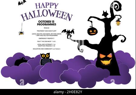 Halloween-Banner oder Party-Einladungskarte mit Silhouetten von gruseligen Figuren Kürbis, Zombie-Hand auf dem Friedhof, Fledermäuse und Vollmond im Hintergrund. Stock Vektor