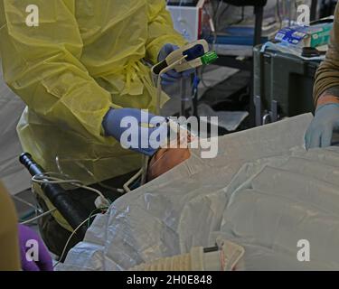 In der erste-Hilfe-Zeltstation auf dem Flugfeld des Baumholder Manöver Training Area sorgen Ärzte des 512. Field Hospital für die simulierte Temperatur des verwundeten Soldaten. Baumholder, Deutschland 8. Februar 2021 Stockfoto