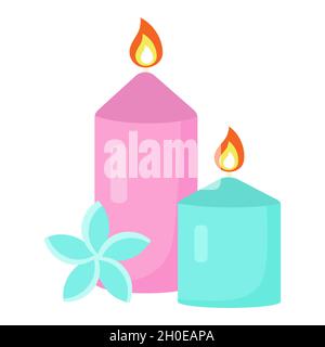Spa und entspannen Sie Kerzen mit exotischen Blumen. Konzept für Meditation, Aromatherapie und Entspannung. Vektor-Illustration für Web, Social Media, Aufkleber, Design Stock Vektor
