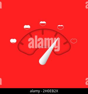 Liebesindikator mit roten Herzen auf rotem Hintergrund. Valentinstag Grußkarte Design-Element. Liebesthermometer, Passionswaagen, Romantikmessung Stock Vektor