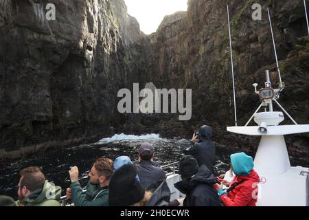 Touristen auf einer Bootsfahrt an den Vestmanna Vogelklippen, Streymoy Island, Färöer Inseln, Skandinavien, Europa Stockfoto