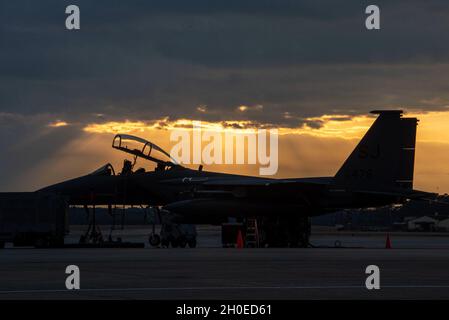 Ein F-15E Strike Eagle sitzt auf der Fluglinie auf dem Luftwaffenstützpunkt Seymour Johnson, North Carolina, 10. Februar 2021. Das Flugzeug setzt zwei Besatzungsmitglieder ein: Einen Piloten und einen Waffensysteme-Offizier. Stockfoto